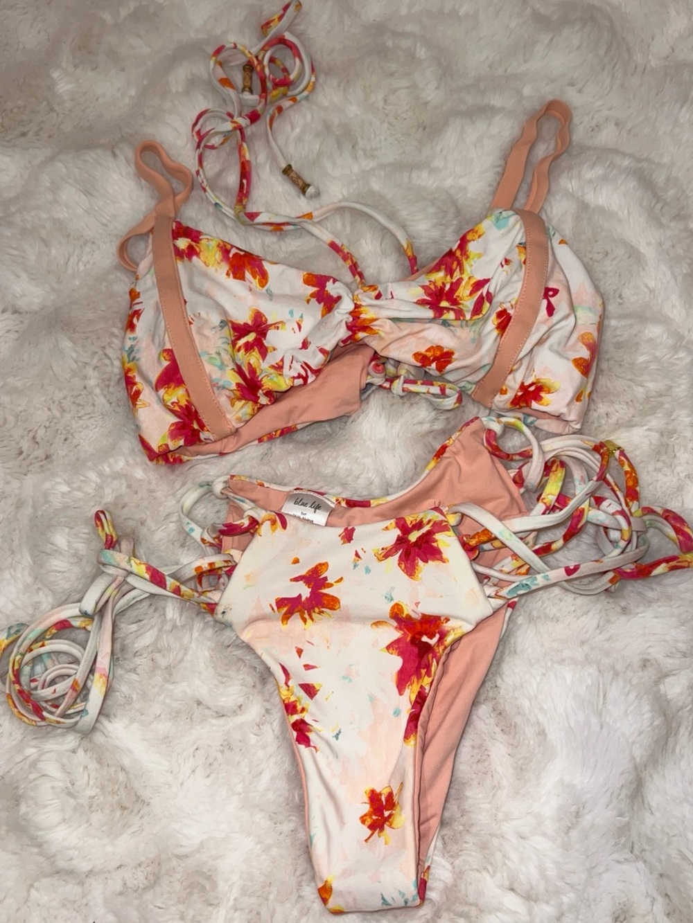 Blue Life Floral Print Peach & White Tie-Side Bikini